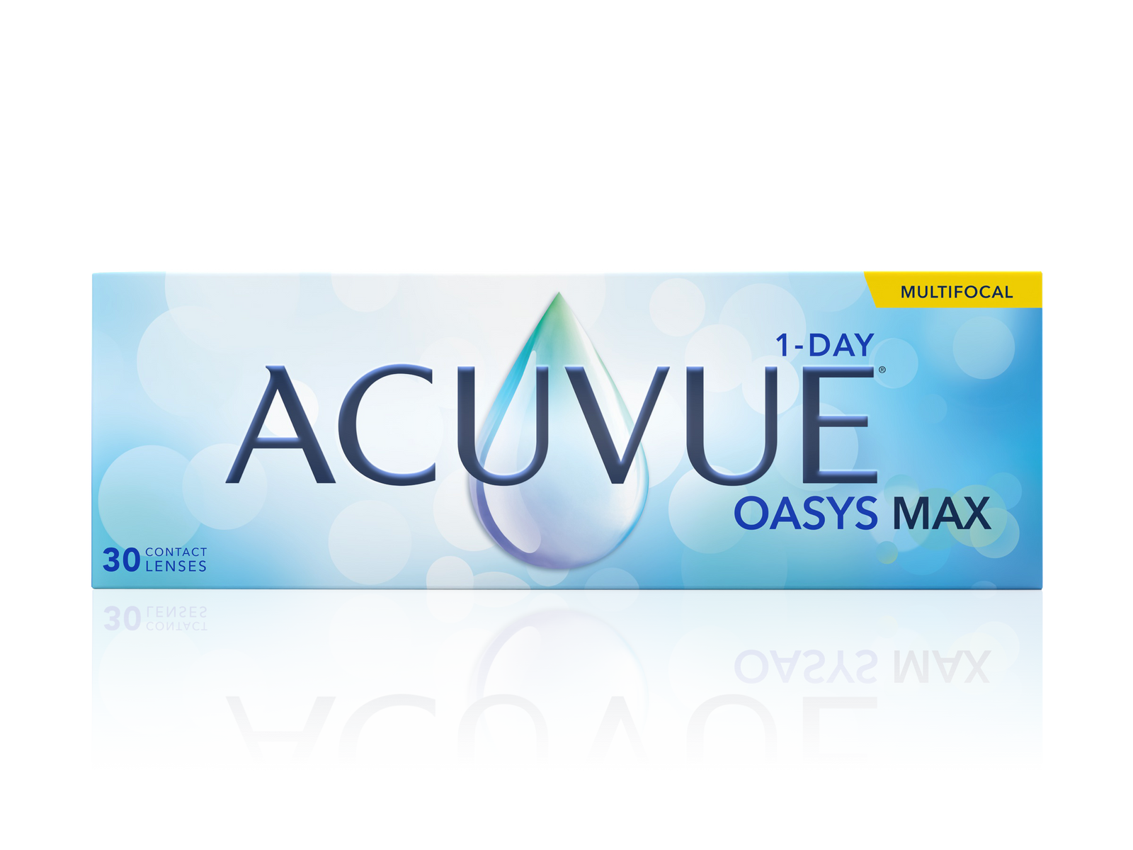 Box of Acuvue Oasys Max contact lenses on a white background