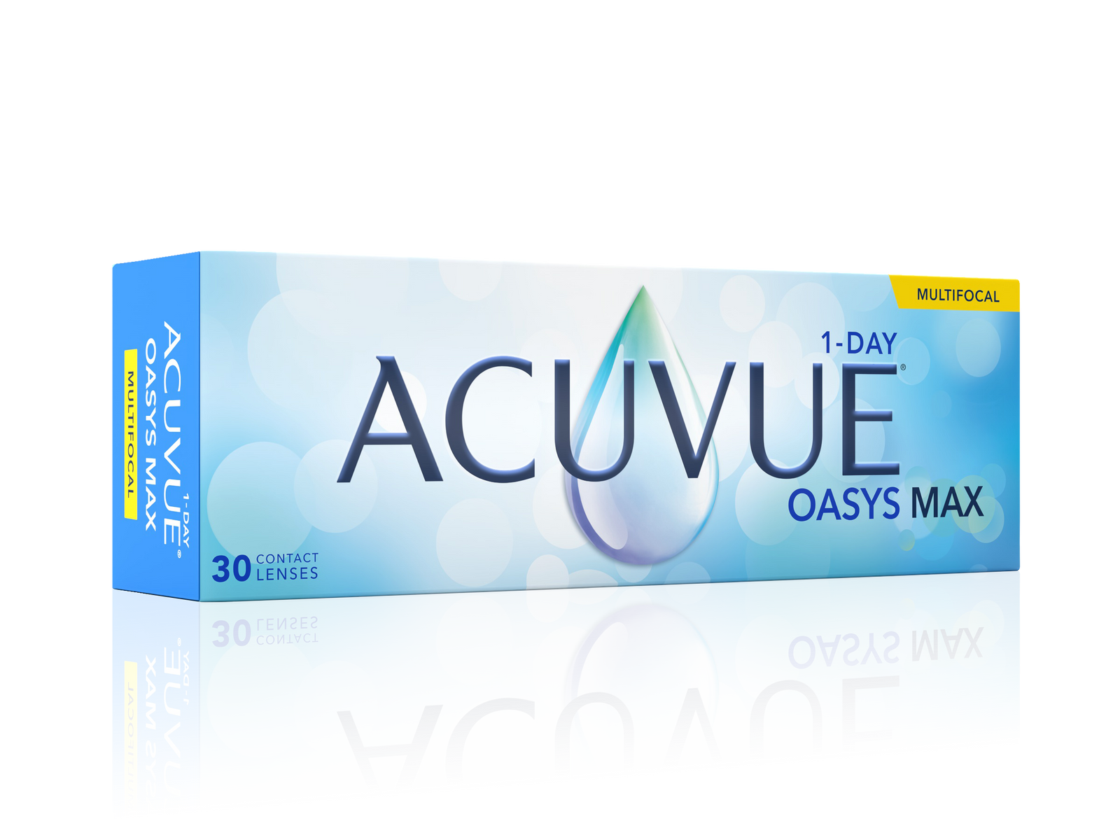 Box of Acuvue Oasys Max contact lenses on a white background