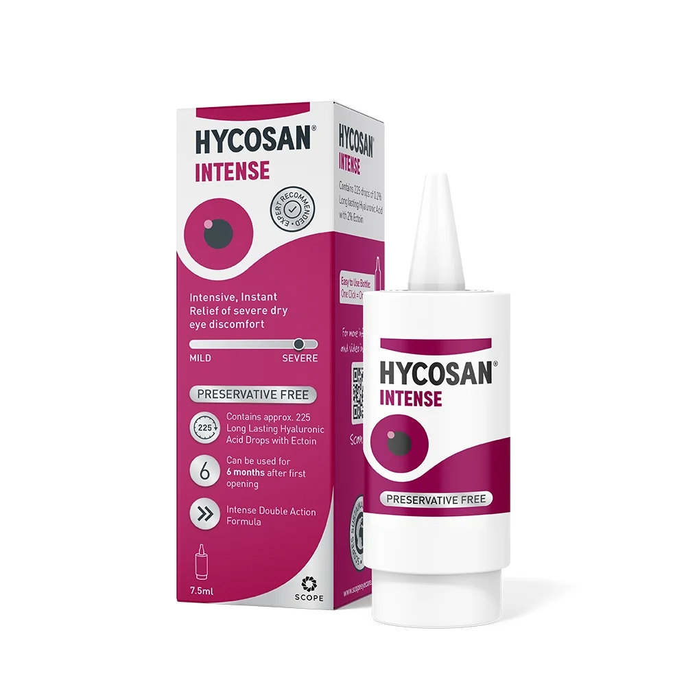 Hycosan Intense eye drops bottle and box – relief for severe dry eye and inflammation