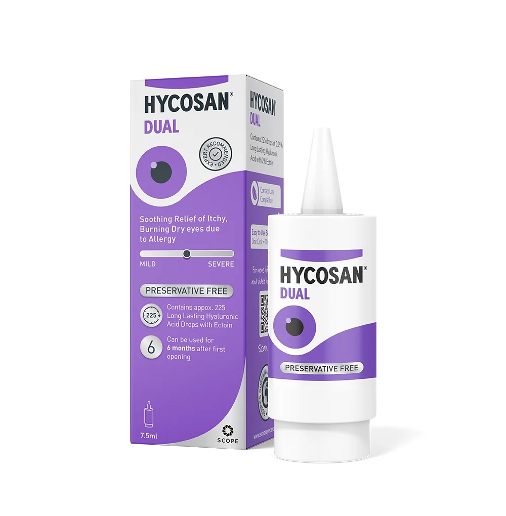 Hycosan Dual eye drops bottle – preservative-free relief for dry and allergy-affected eyes