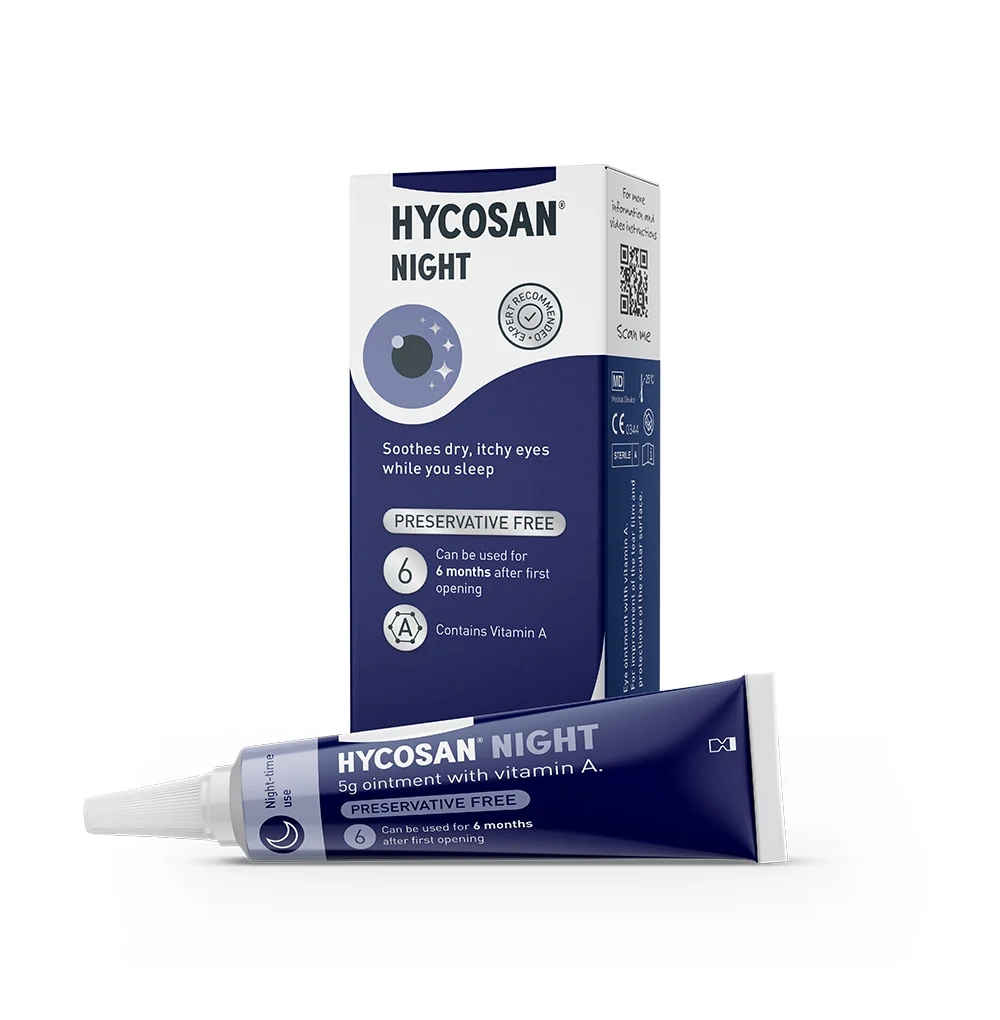 Hycosan Night eye ointment tube and box – Vitamin A overnight relief for dry eyes
