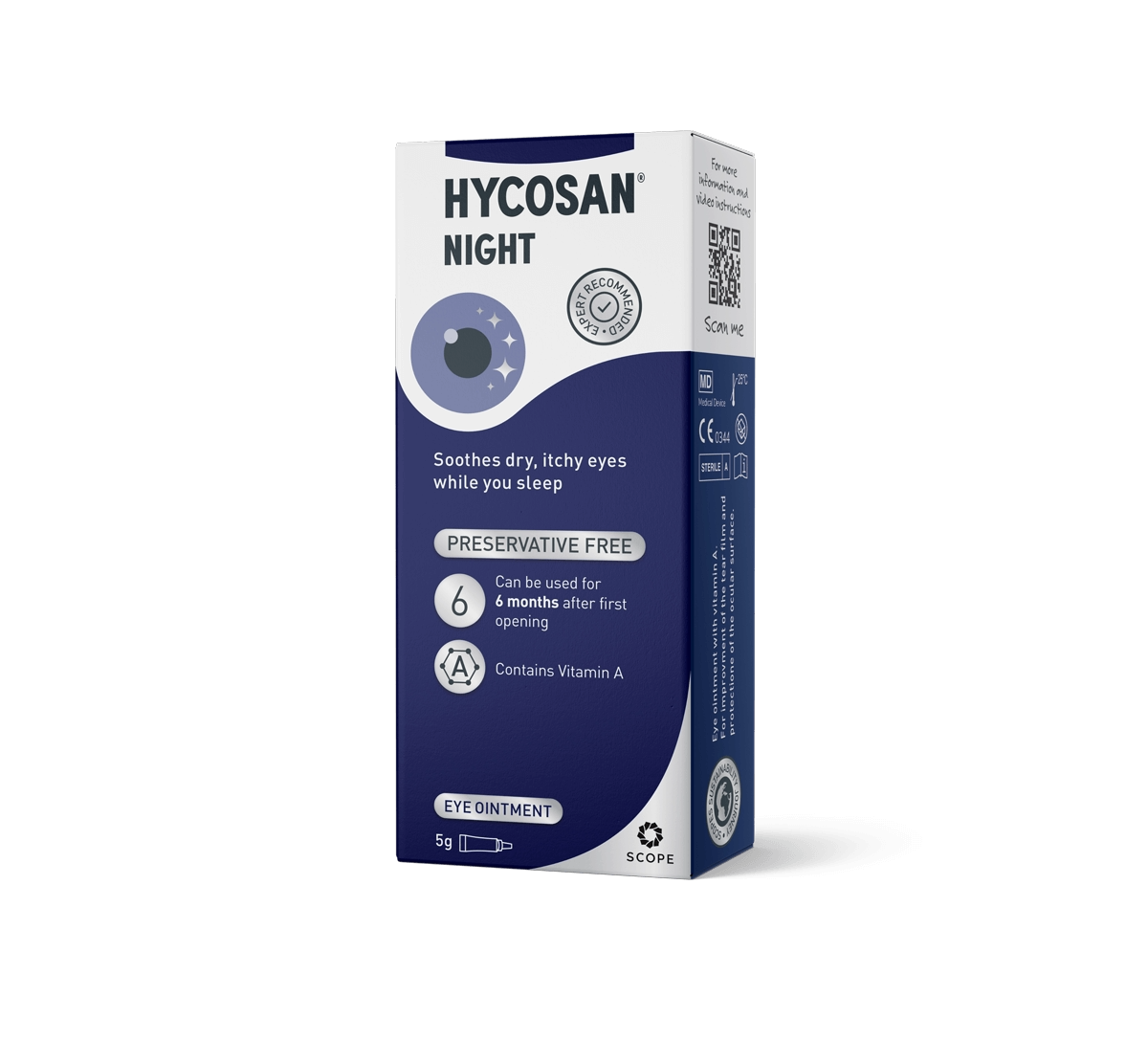 Hycosan Night eye ointment tube and box – Vitamin A overnight relief for dry eyes
