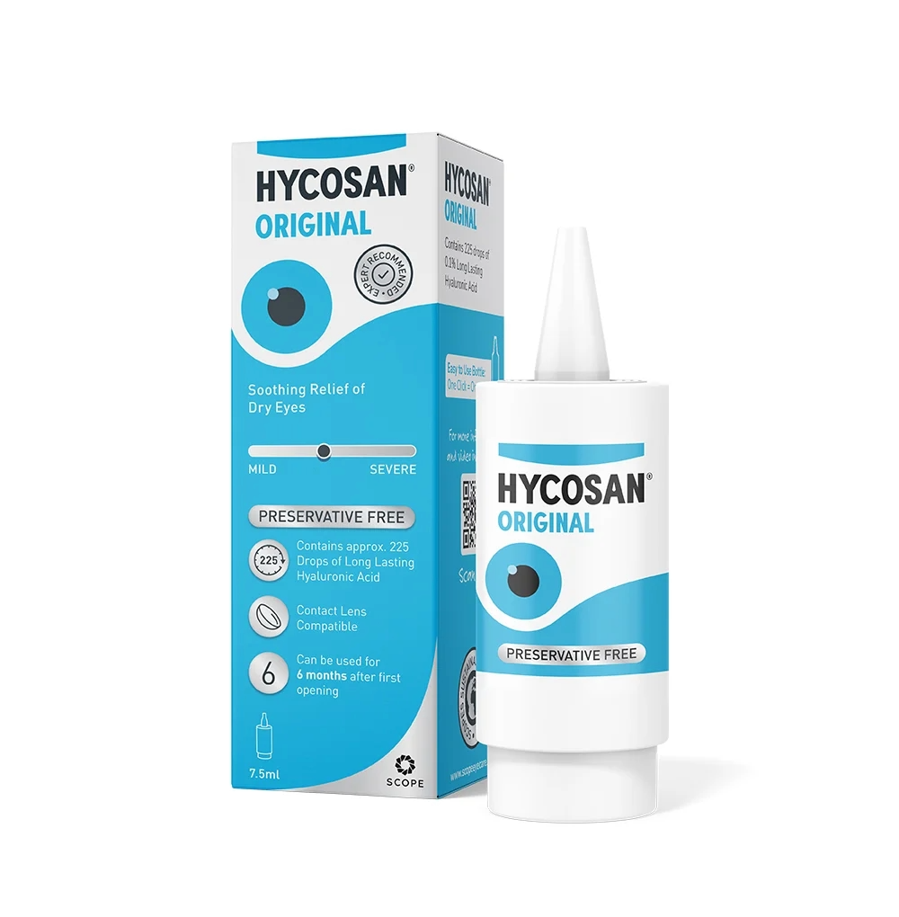 Hycosan Original eye drops bottle – preservative-free hydration for dry, tired eyes
