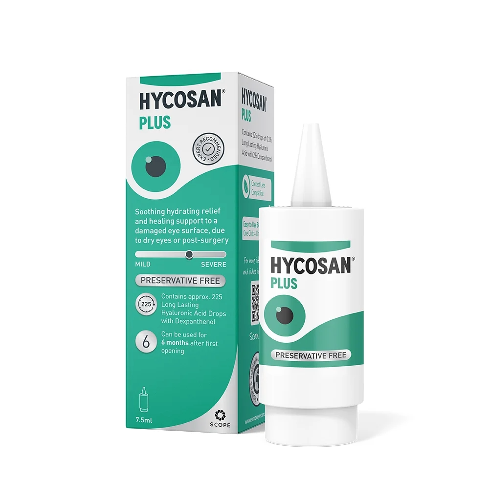 Hycosan Plus lubricating eye drops for dry eyes and surface healing
