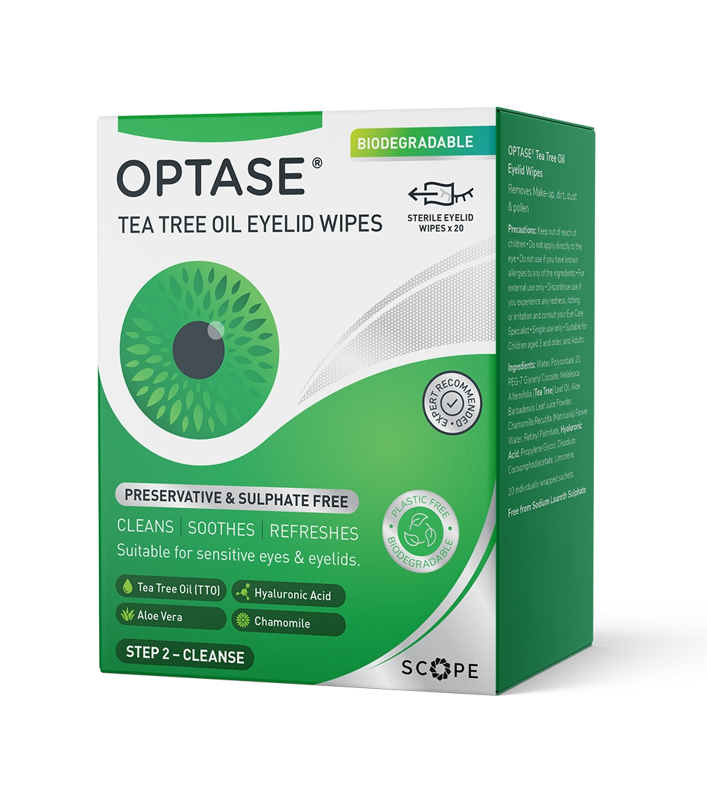 Optase® Tea Tree Oil Eyelid Wipes box – daily eyelid cleansing wipes with Tea Tree Oil and Aloe Vera
