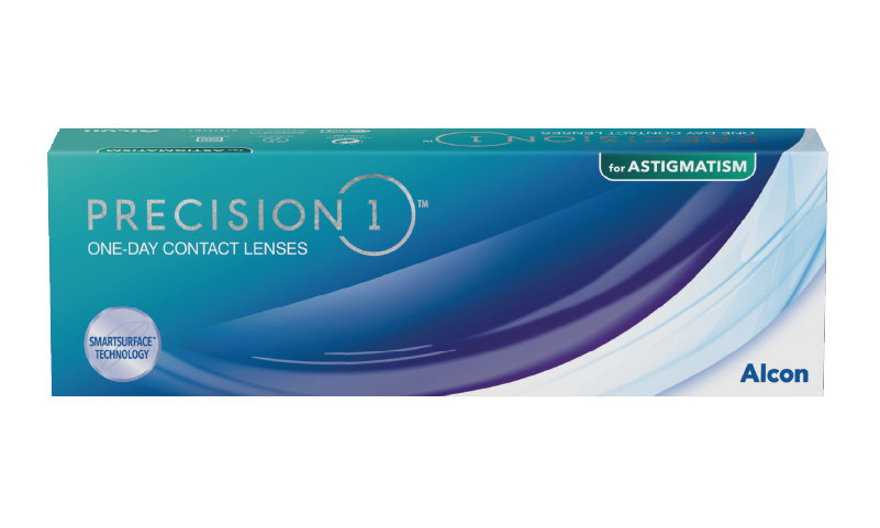 PRECISION1 for Astigmatism daily contact lenses 30 pack box by Alcon featuring SMARTSURFACE Technology – daily disposable toric lenses for clear, stable vision and lasting comfort.
