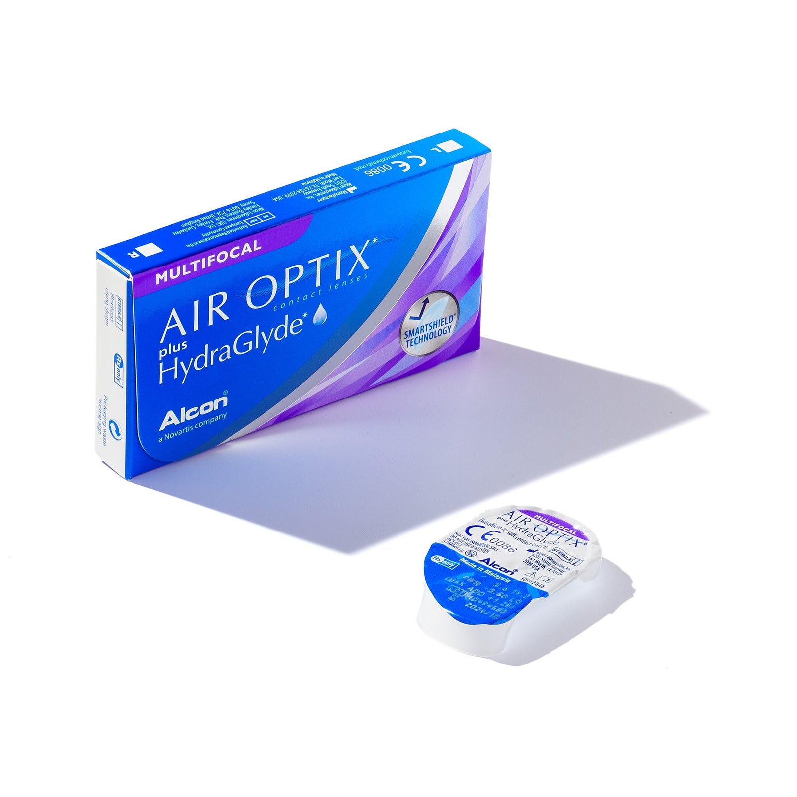 AIR OPTIX plus HydraGlyde Multifocal 3 pack/6 pack monthly contact lenses by Alcon, designed for presbyopia with HydraGlyde Moisture Matrix and SmartShield Technology.