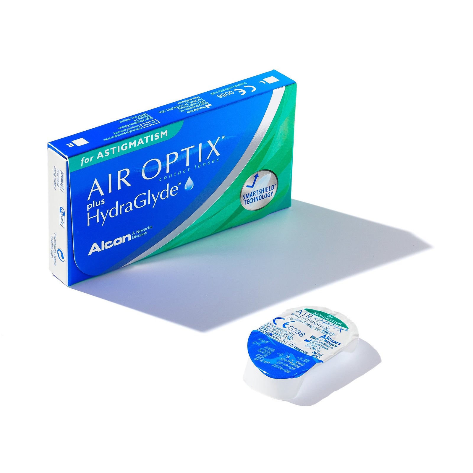 AIR OPTIX plus HydraGlyde for Astigmatism monthly contact lenses 3 pack/6 packby Alcon, featuring HydraGlyde Moisture Matrix and SmartShield Technology.