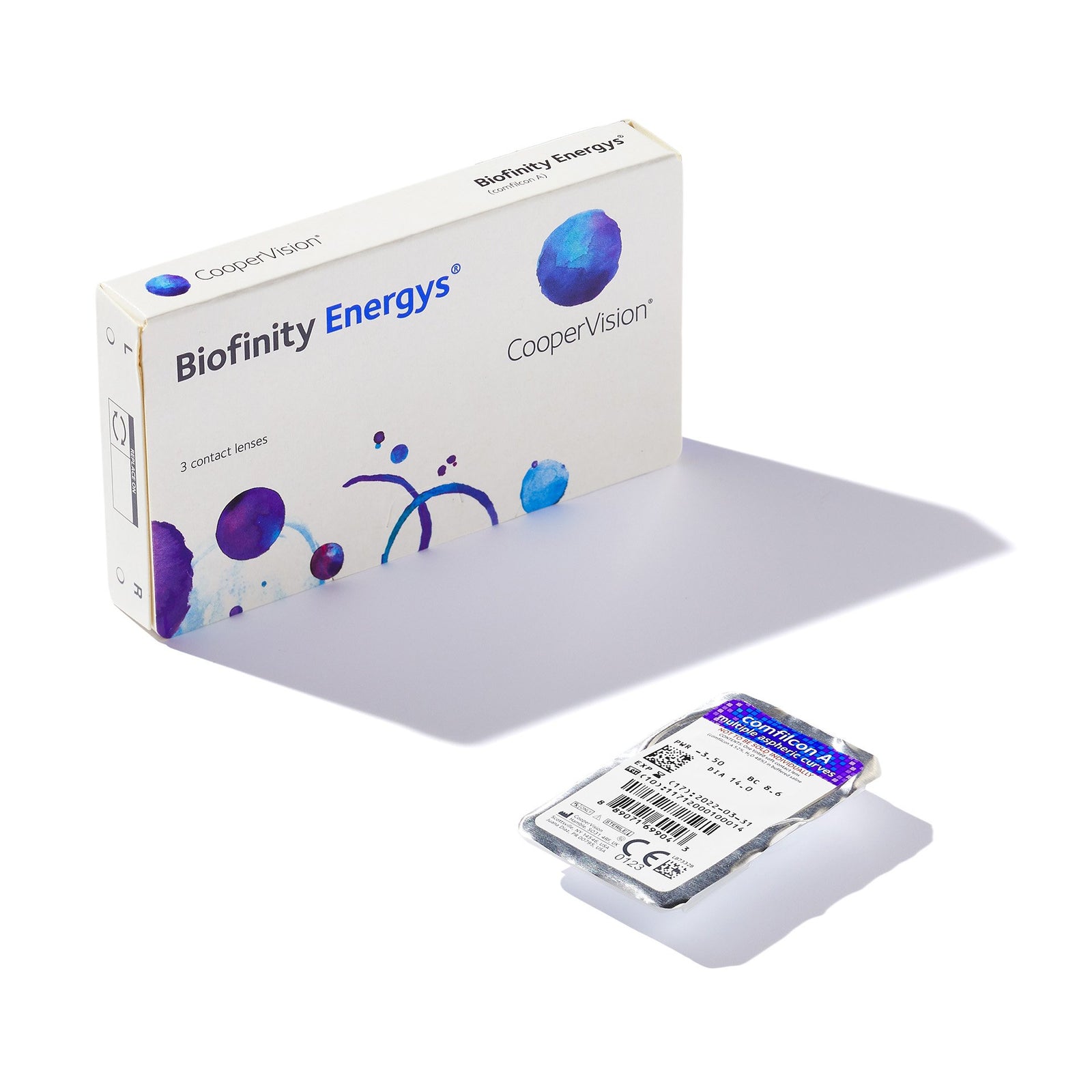 Biofinity Energys monthly contact lenses 3 pack by CooperVision — silicone hydrogel lenses for comfort and digital eye fatigue relief.
